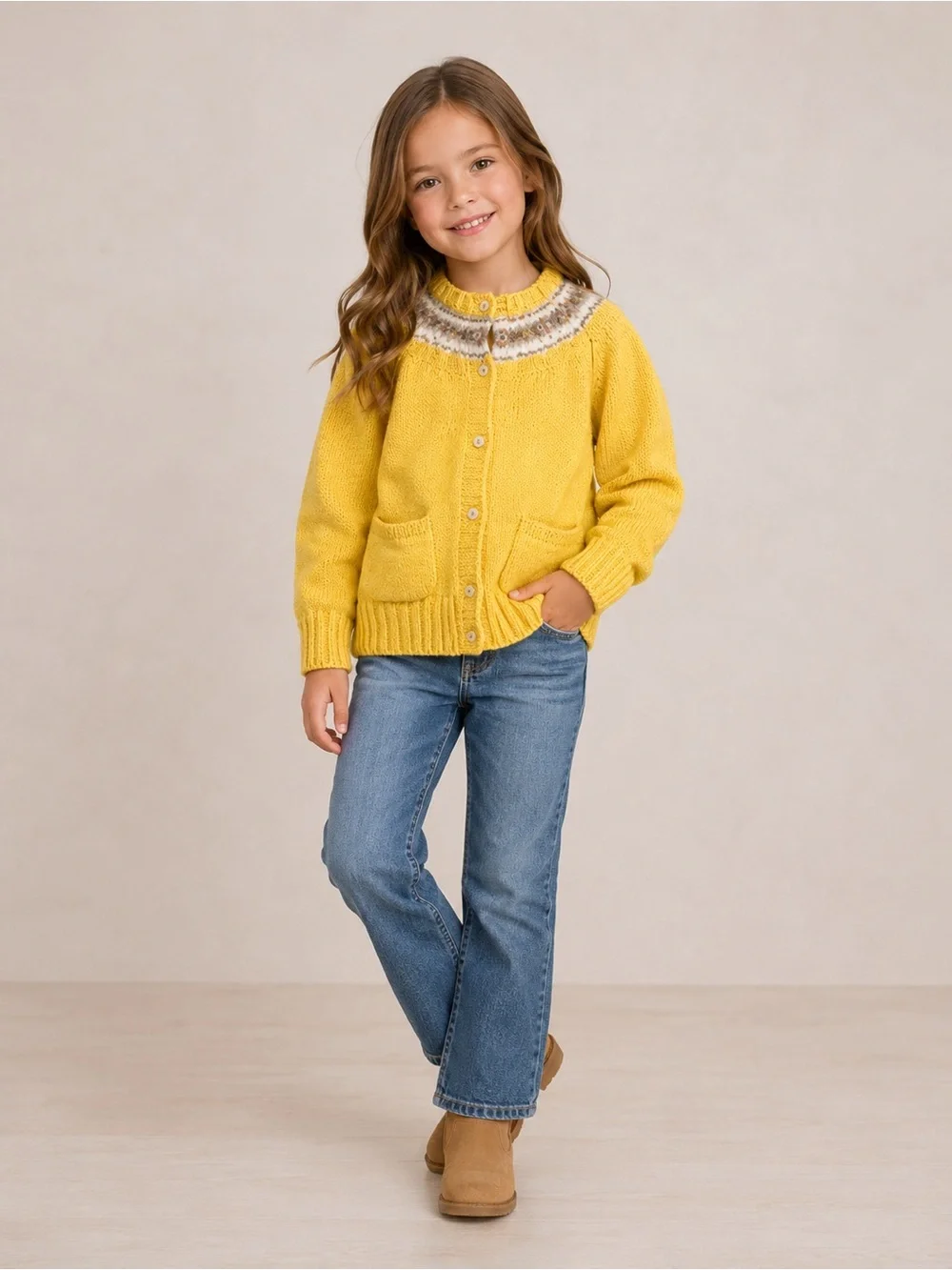 Ralph‎ Lauren Butter Yellow Cardigan Nordic Patterned Collar Cotton Wool Scandi
